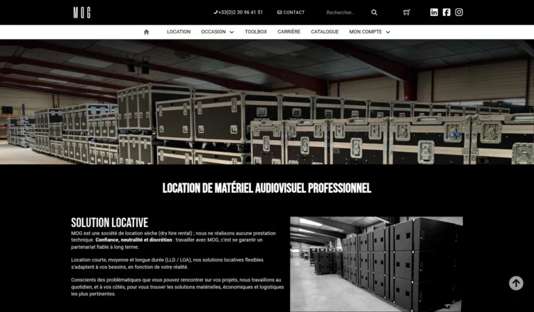 Capture d'écran du site de MOG, location de matériel audiovisuel professionnel