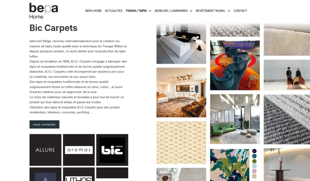 Page Tissus et Tapis du site BEPA Home : présentation du fabricant Bic Carpets et galerie de tapis