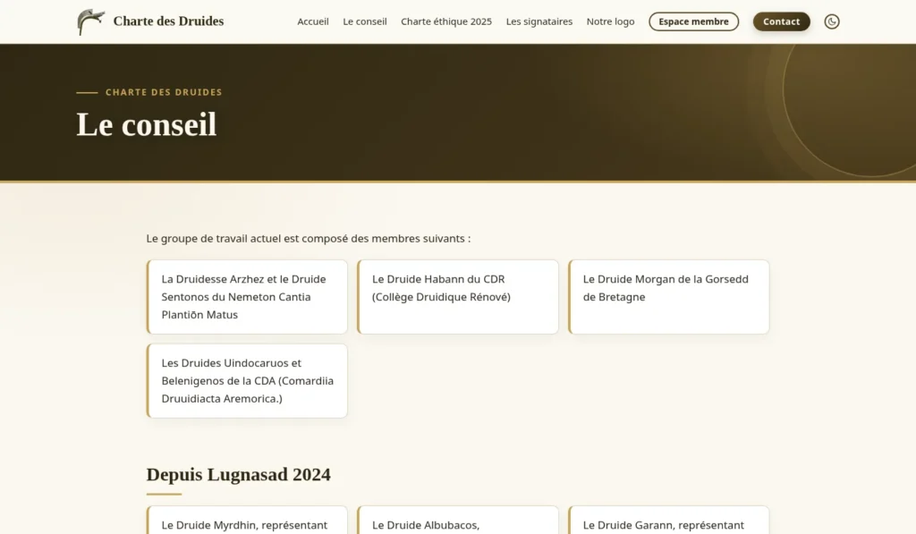 Page « Le conseil » du site de la Charte des Druides, avec la composition du groupe de travail