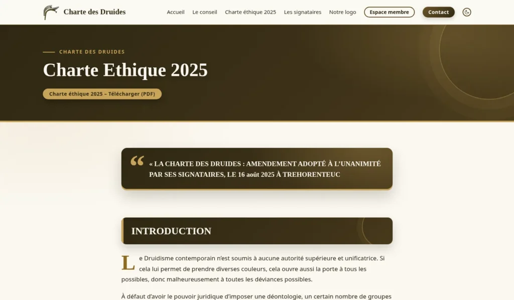 Page « Charte éthique 2025 » du site de la Charte des Druides, avec l’introduction du texte