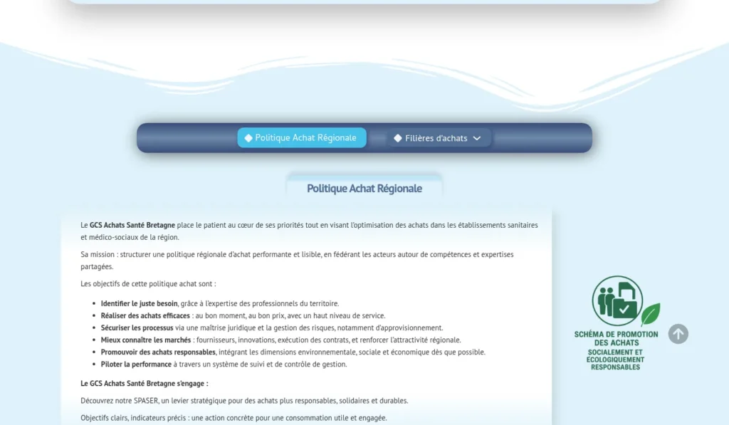 Page Politique Achat Régionale du site GCS Achats Santé Bretagne