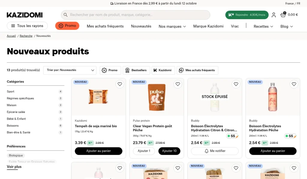 Page « Nouveaux produits » du site Kazidomi, épicerie bio en ligne