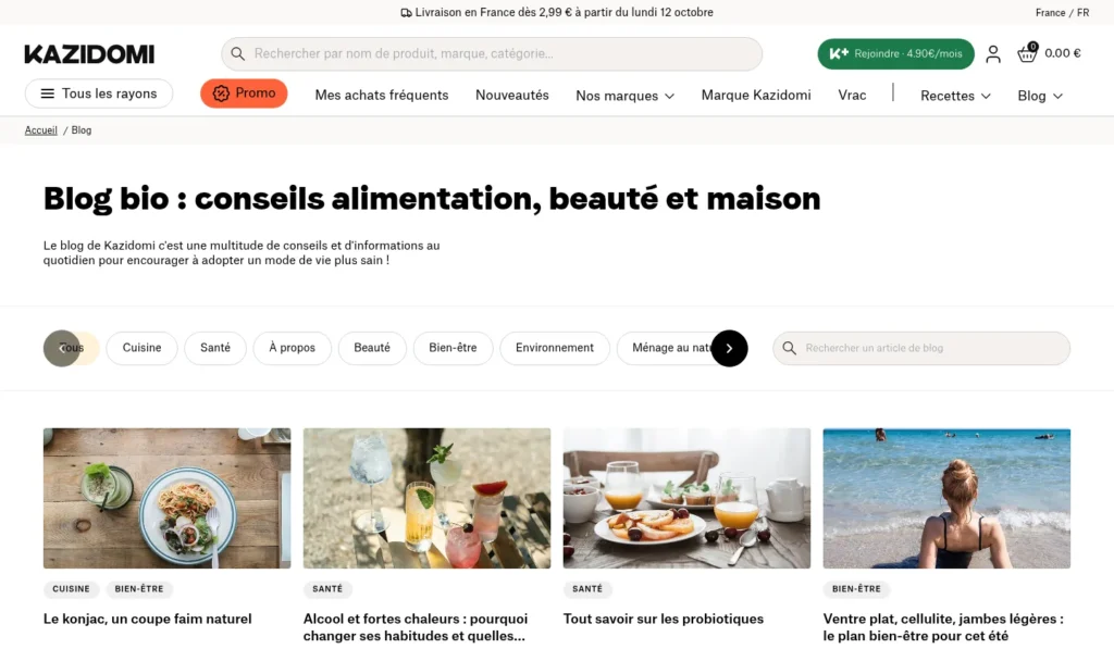 Page « Blog » du site Kazidomi, avec les derniers articles de cuisine, santé et bien-être