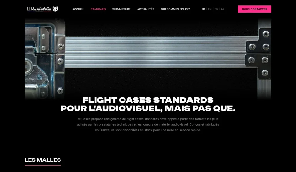Page « Gamme standard » du site M.Cases, flight cases pour l’audiovisuel