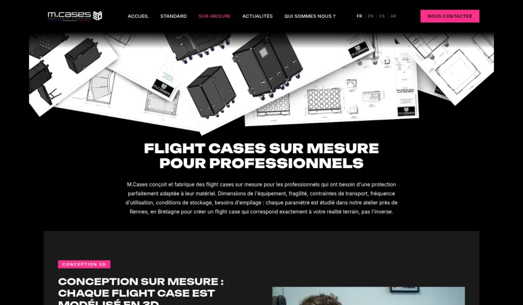 Page « Sur-mesure » du site M.Cases, avec les plans de conception des flight cases