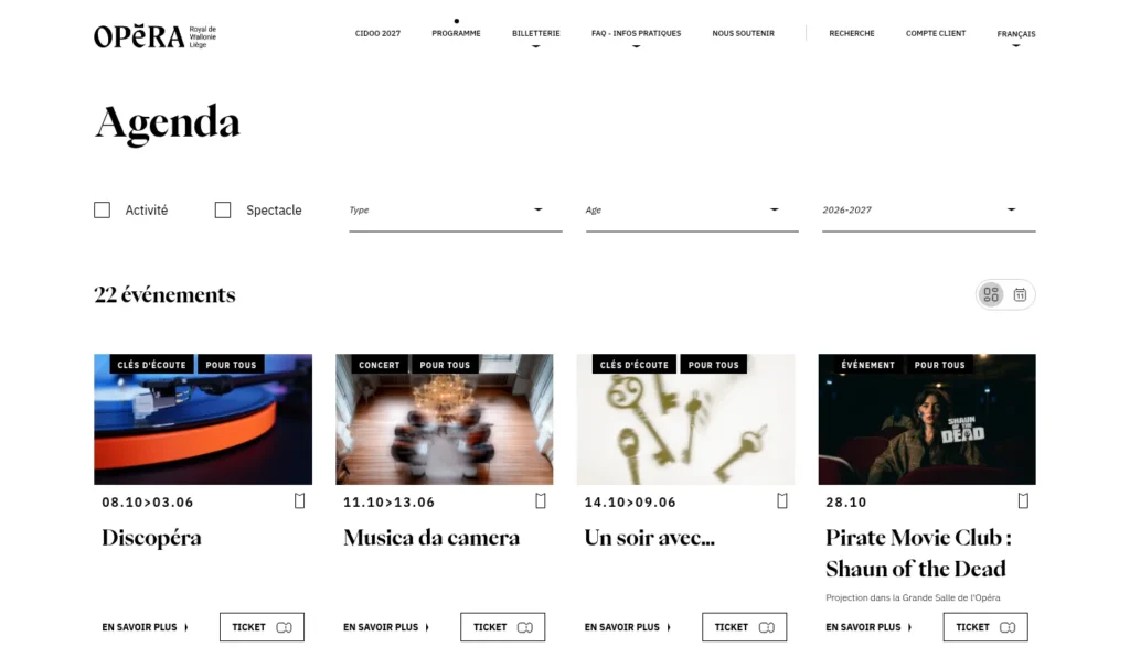Page « Agenda » du site de l’Opéra Royal de Wallonie-Liège, avec la liste des spectacles et événements