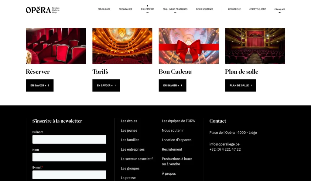 Page « Billetterie » du site de l’Opéra Royal de Wallonie-Liège : réserver, tarifs, bon cadeau et plan de salle