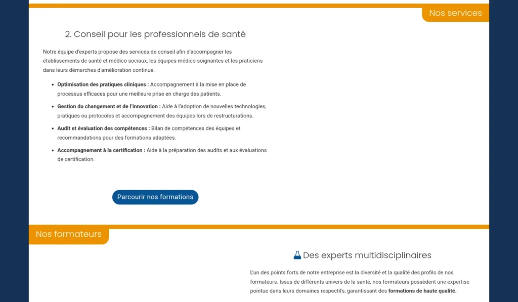 Section « Conseil pour les professionnels de santé » et « Nos formateurs » du site de SimMed Consulting