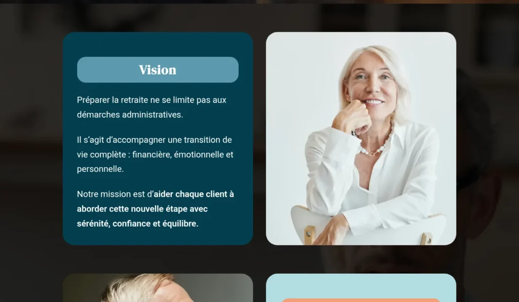 Section « Vision » du site de William Conseils Retraite, consacrée à l’accompagnement de la transition vers la retraite