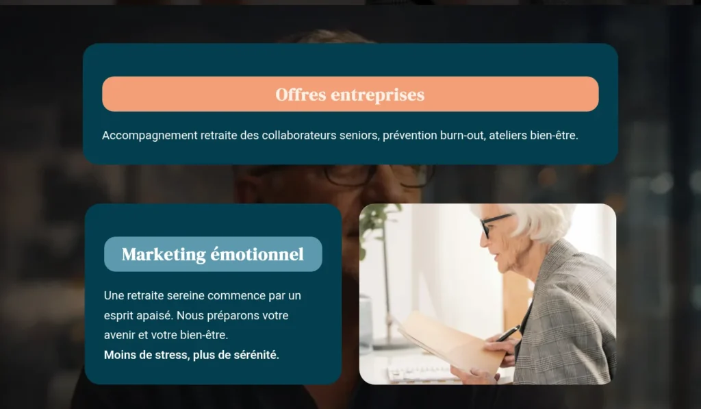 Sections « Offres entreprises » et « Marketing émotionnel » du site de William Conseils Retraite
