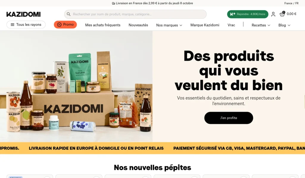 Capture d'écran du site de Kazidomi, épicerie bio en ligne