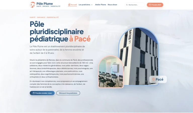 Capture d’écran de l’accueil du nouveau site du Pôle Plume, pôle de santé à Pacé, refait sans WordPress