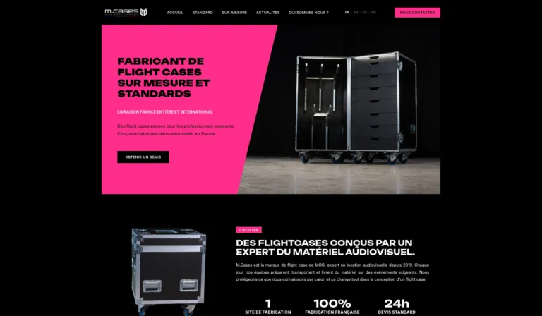 Capture d’écran de l’accueil du site M.Cases, fabricant de flight cases