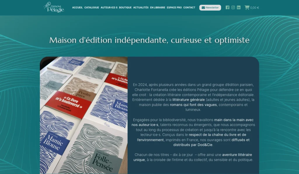 Capture d'écran du site des Éditions Pélagie, maison d'édition en Bretagne