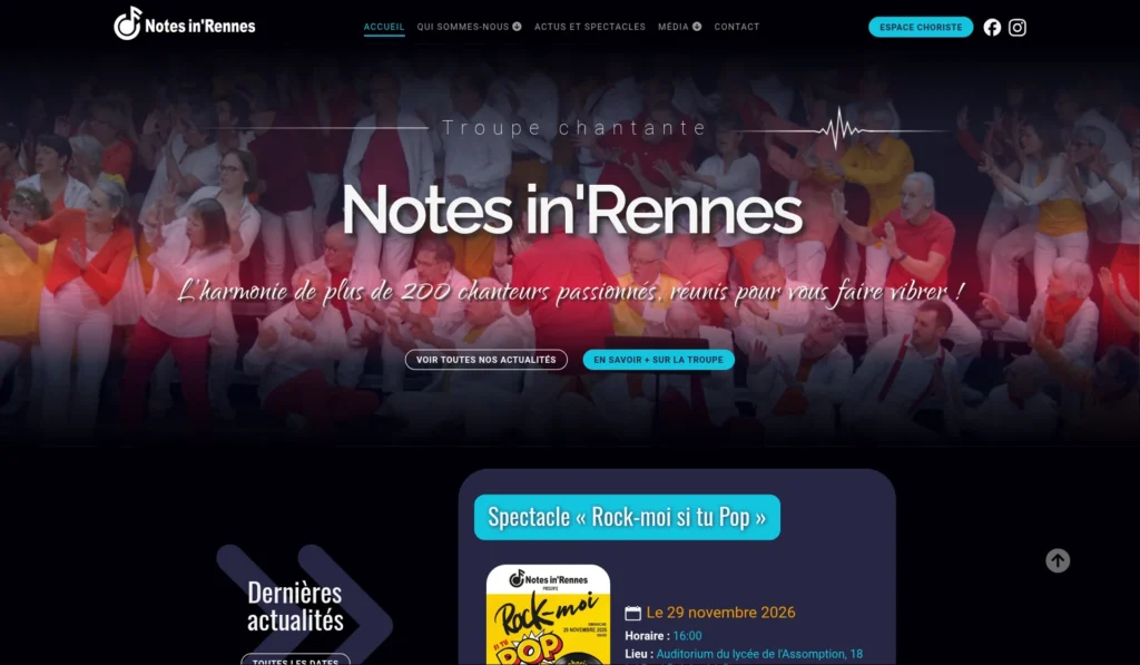 Capture d'écran du site de Notes in Rennes, chorale de Rennes